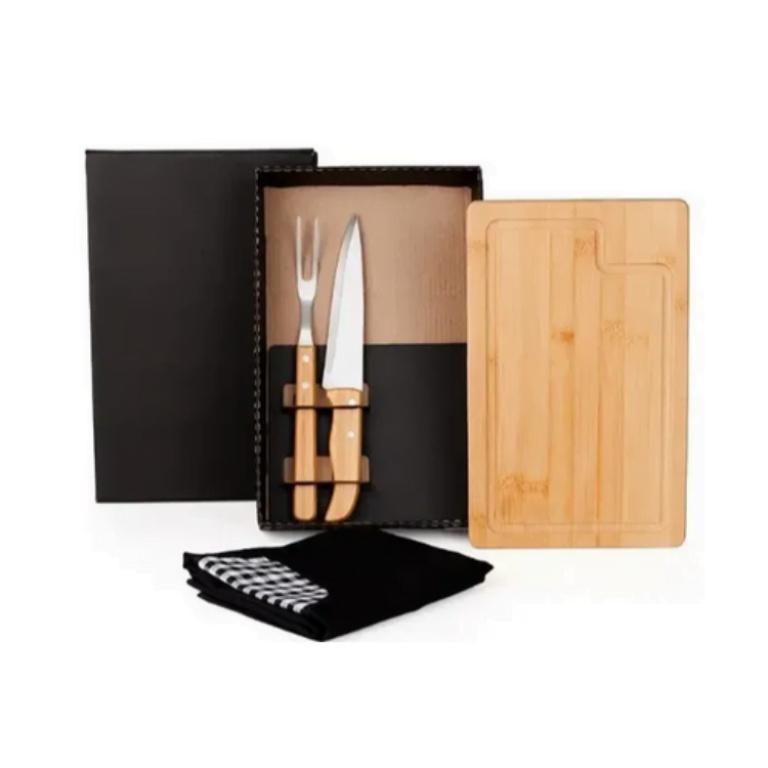 Kit Para Churrasco Bambu / Inox Com Avental E Tábua 4 Pçs