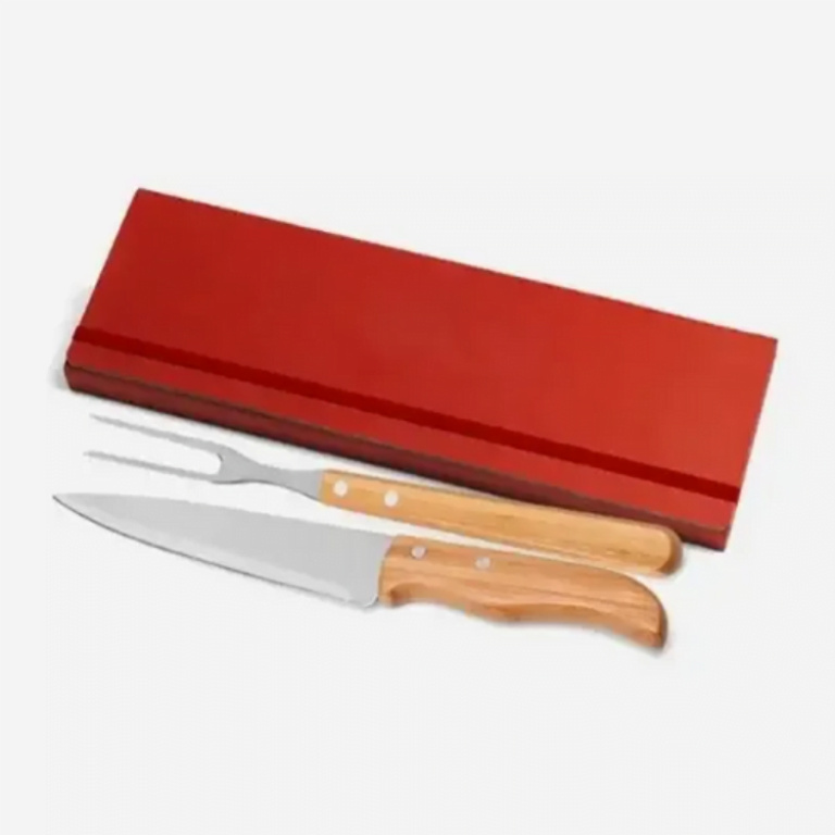 Conj. De Garfo E Faca Inox / Bambu Com Estojo Azul – 3 Pçs