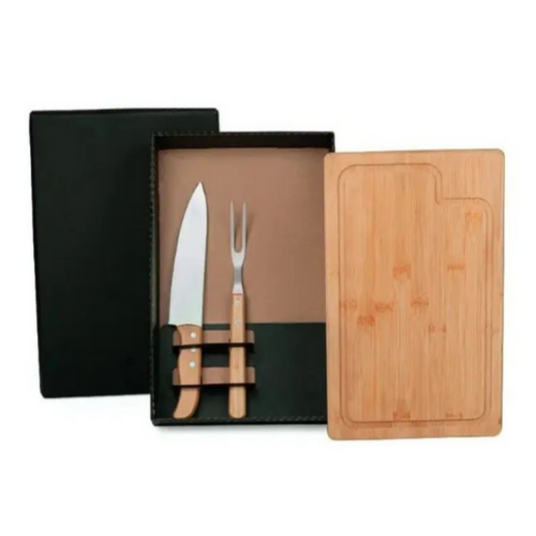 Kit Para Churrasco Em Bambu Com Tábua, Faca E Garfo