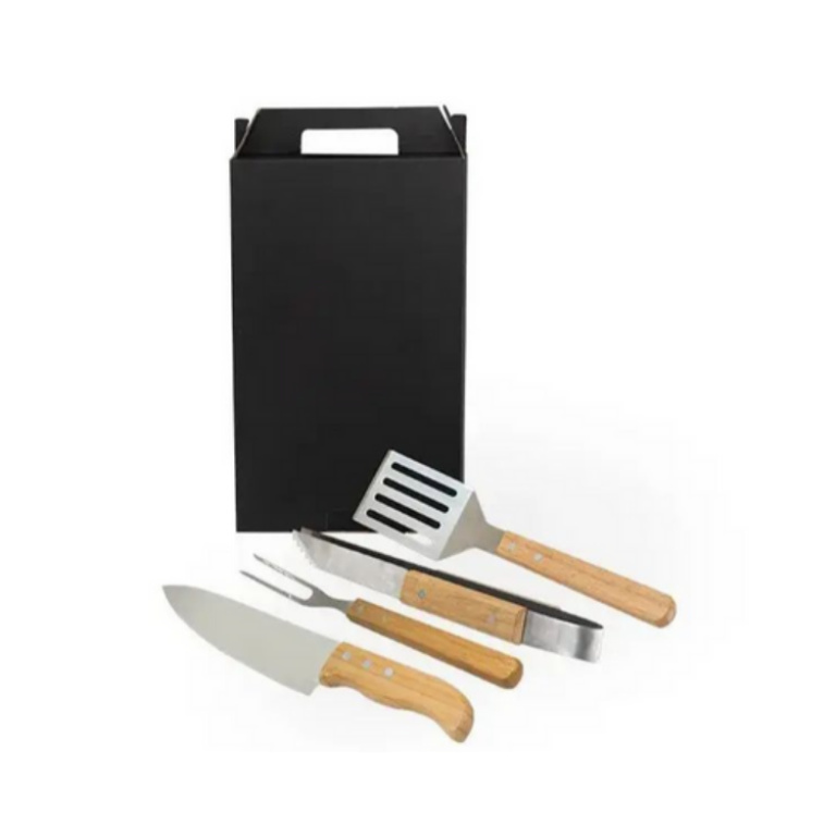 Conj. Para Churrasco Em Aço Inox  Madeira  Bambu – 4 Pçs